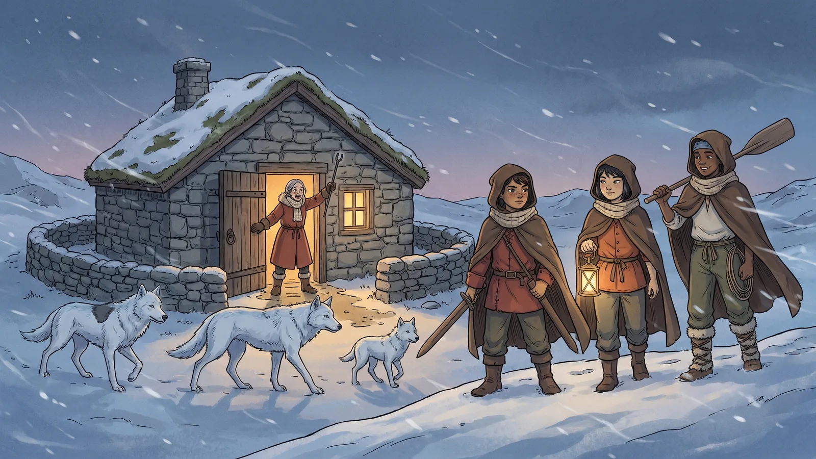 Three frost wolves pace outside a lit mountain waystation at dusk