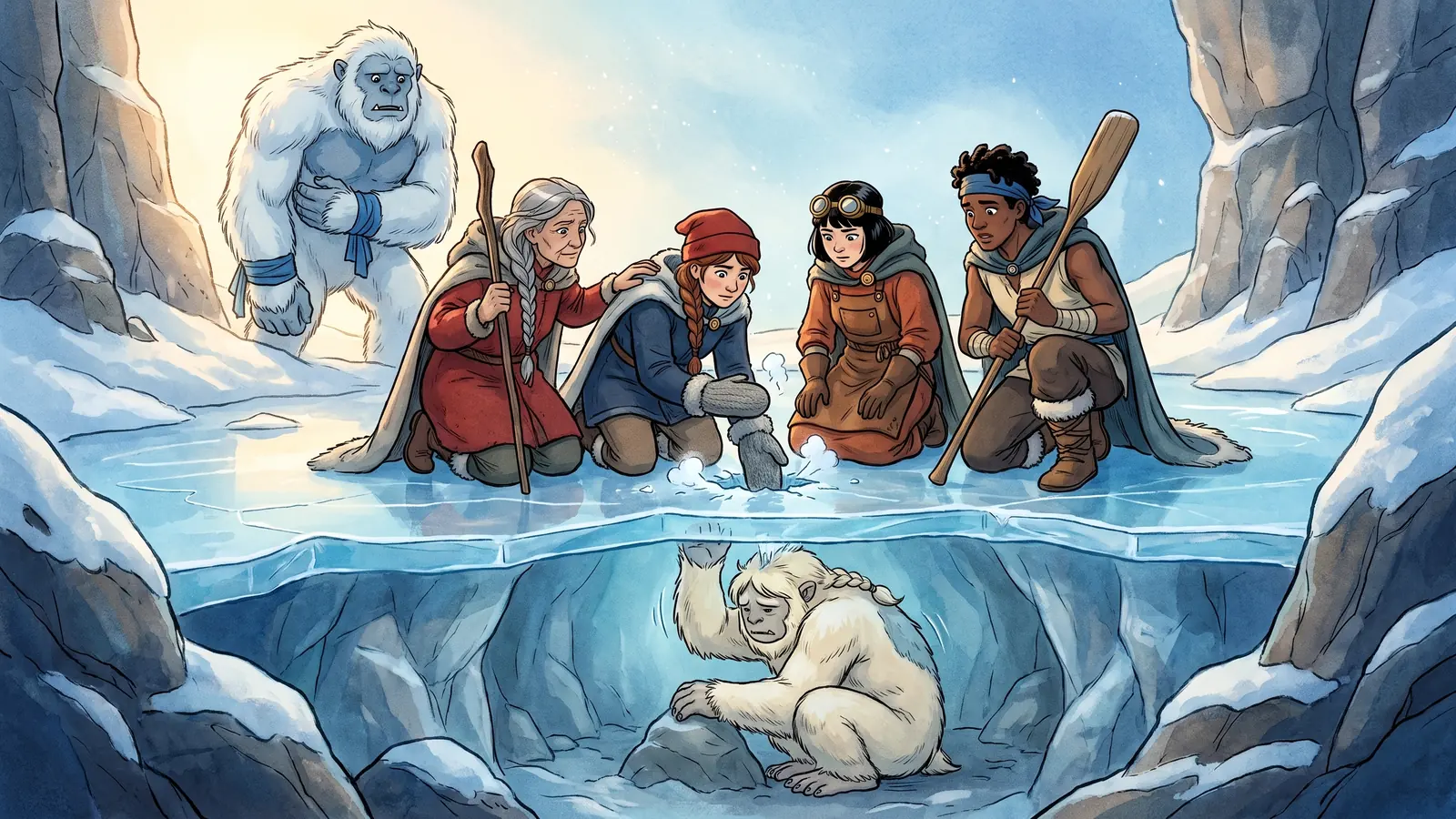 A second yeti curled beneath the ice, one paw pressed to the underside