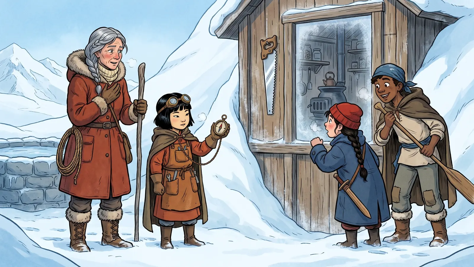 A tiny snowed-in wooden hut by the frozen cistern, an ice-saw glinting through its window