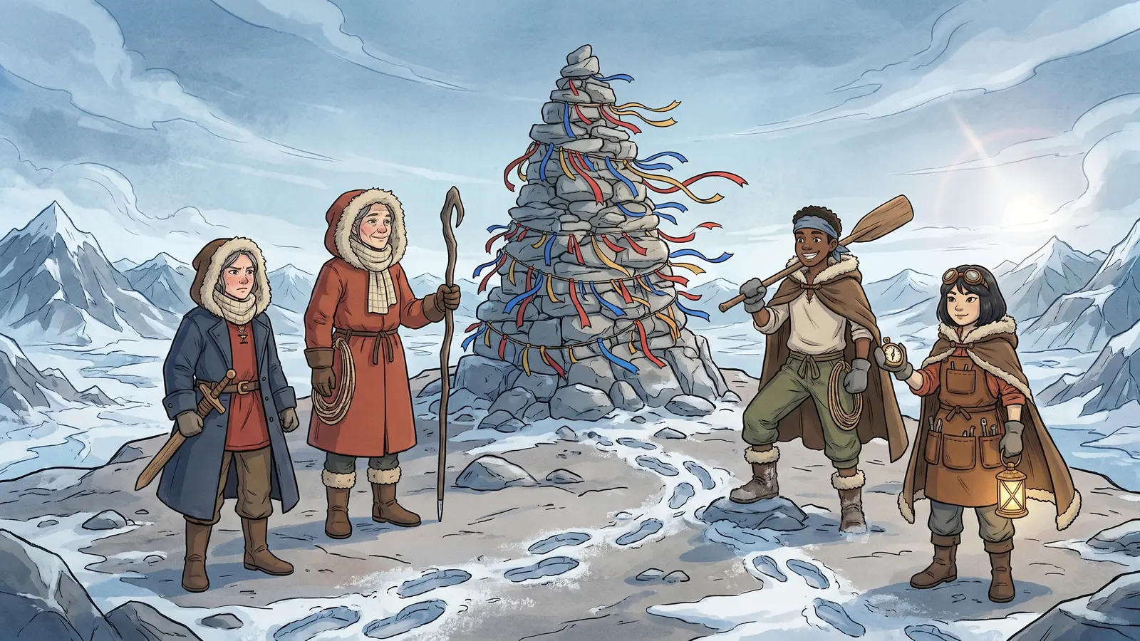 A tall cairn of stacked stones hung with faded ribbons at the summit