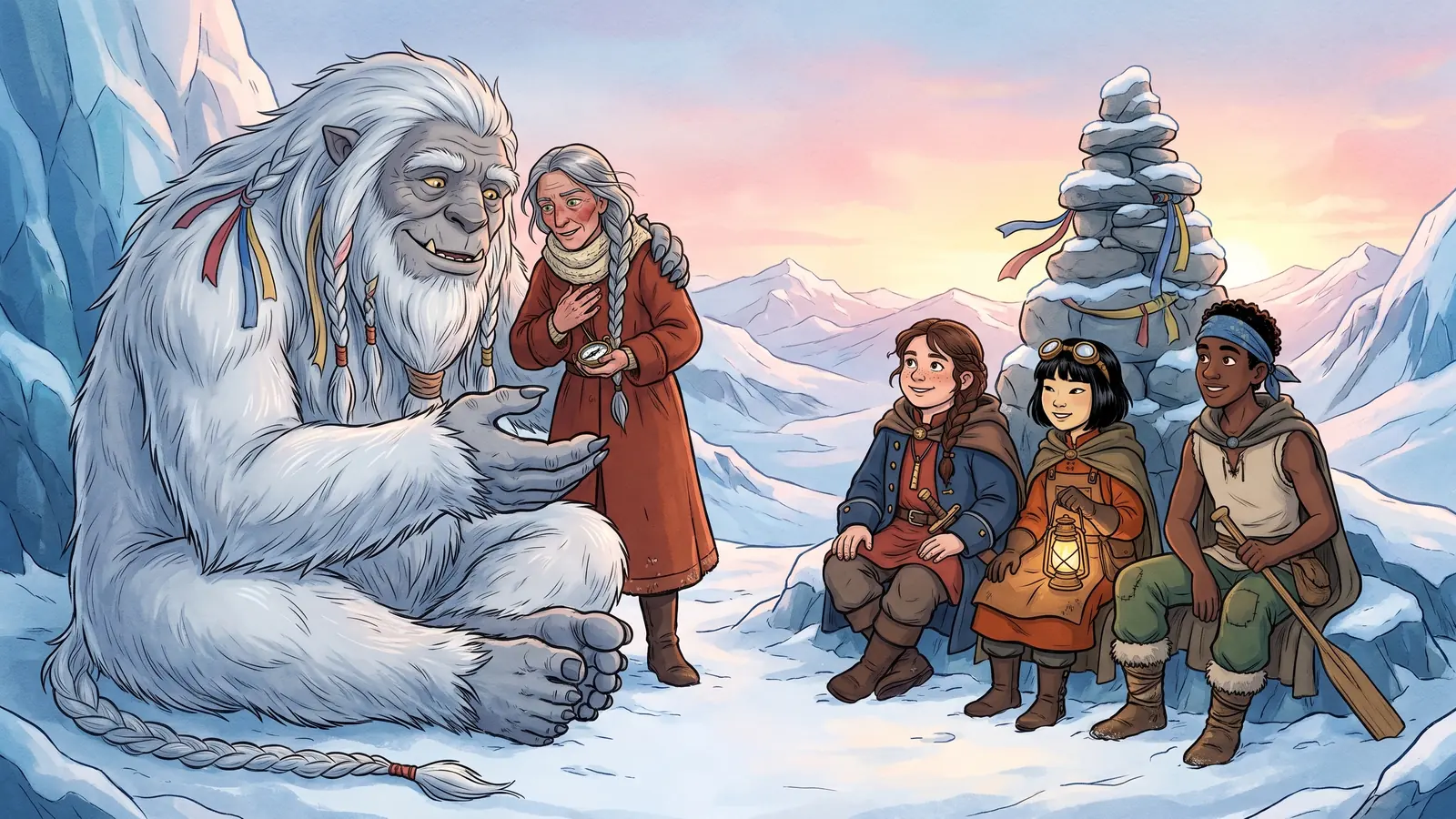 Snowmane offers a paw to Kestra as dawn breaks over the summit