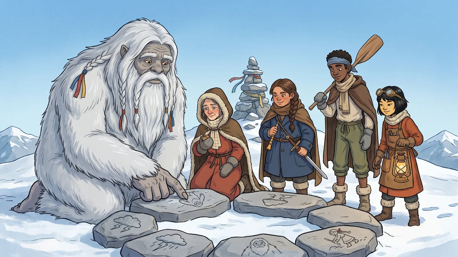 Snowmane shows a circle of flat stones scratched with pictures: a storm, a stuck baby yeti and a girl digging