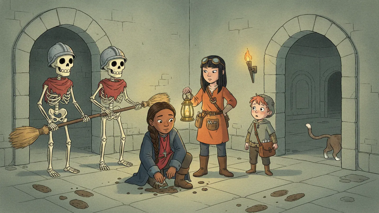 Two rattling skeletons block a forking crypt passage