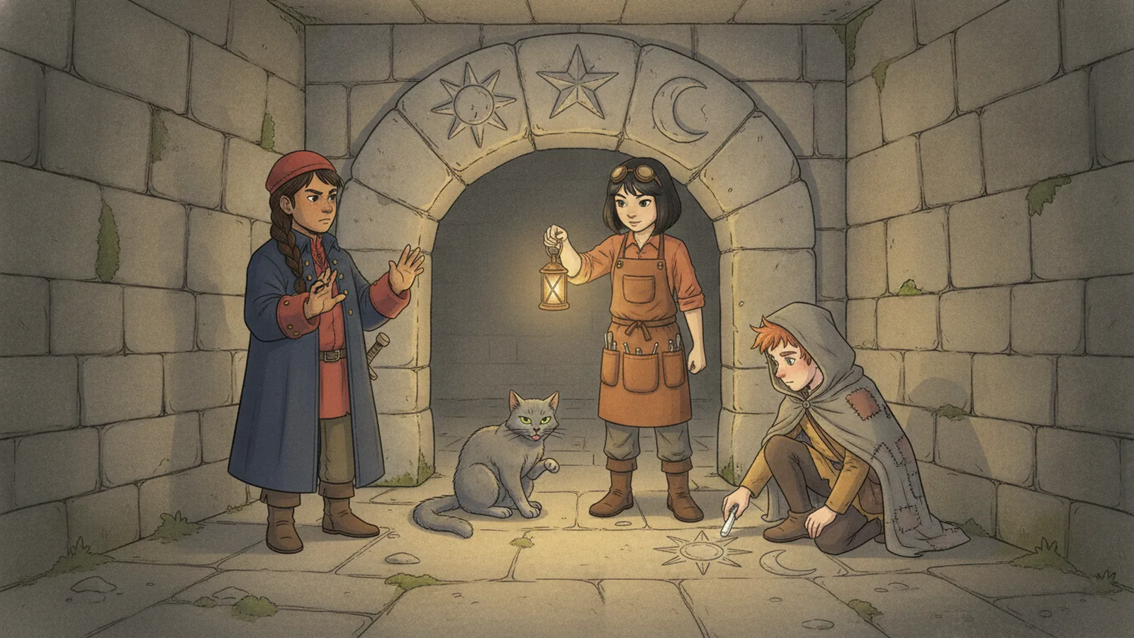 Sun, star, and moon symbols carved above a dusty archway