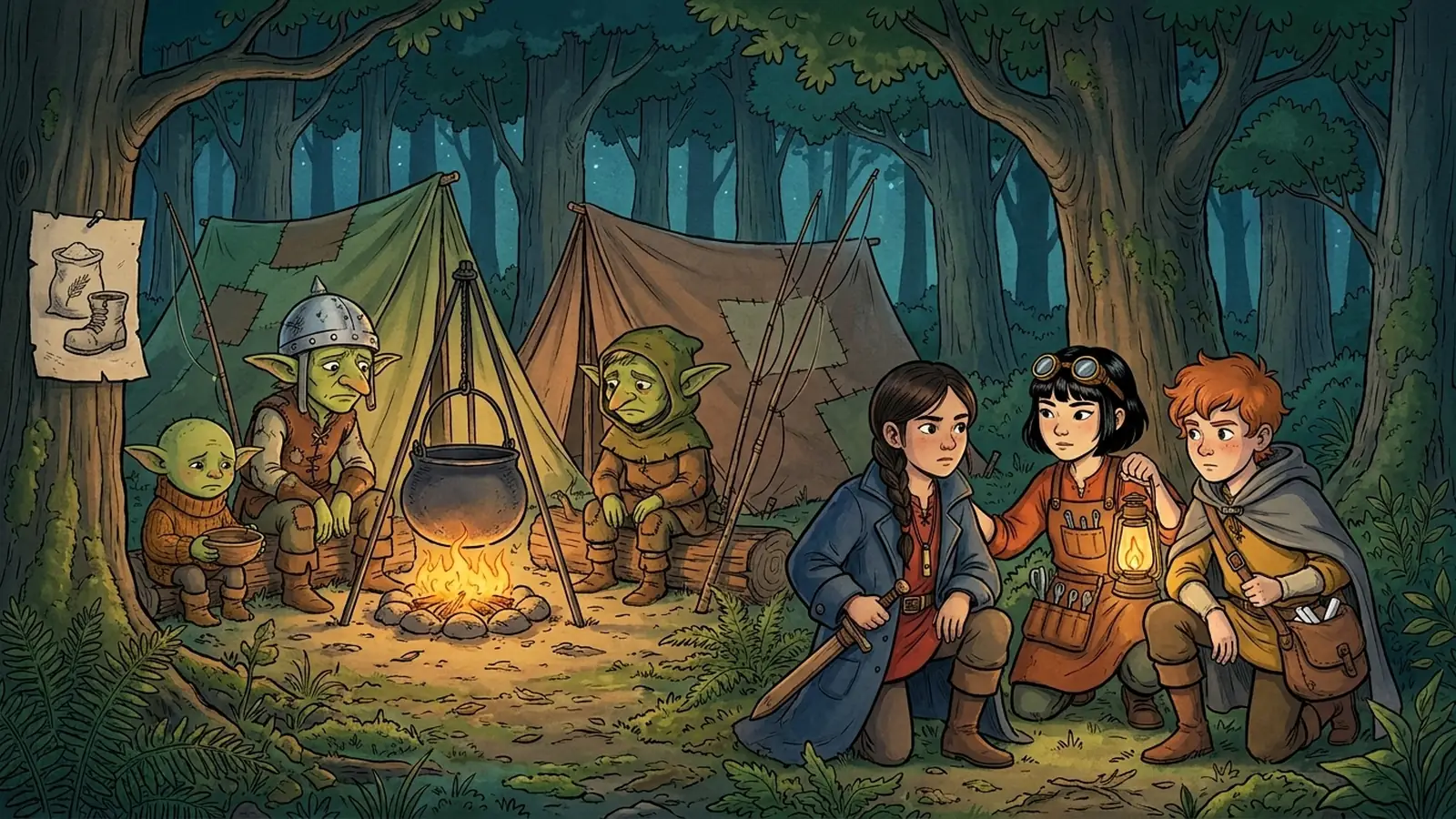 A small goblin family camp between the trees