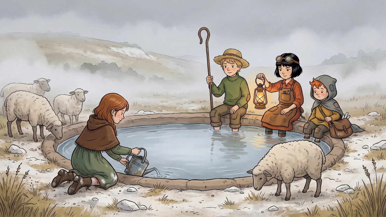 A round pond of still water sits on the top of a dry chalk hill with sheep around it and a girl filling a can