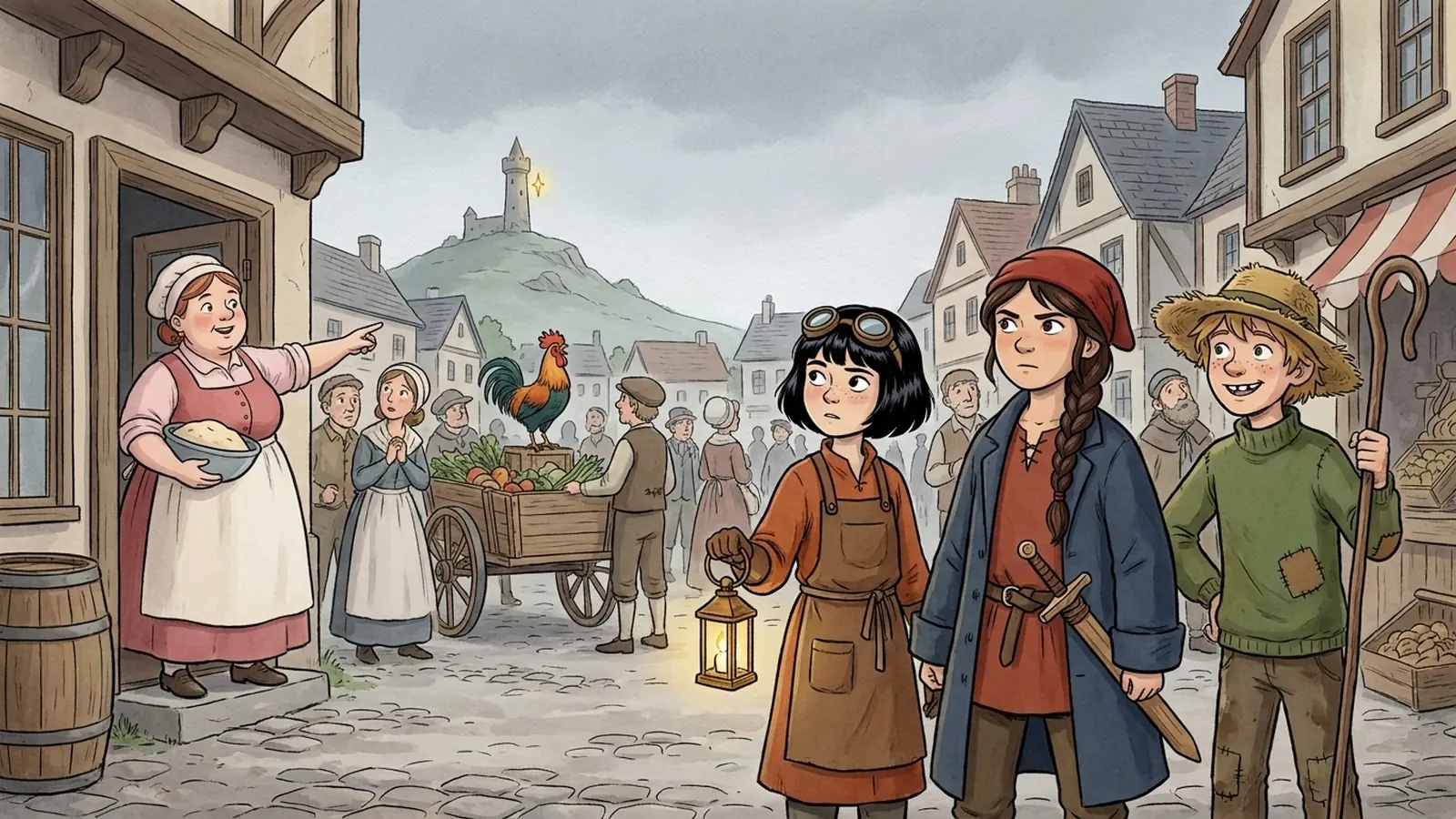 A market square under ash-coloured sky, a baker in a doorway, and a last gold gleam on a distant hill tower
