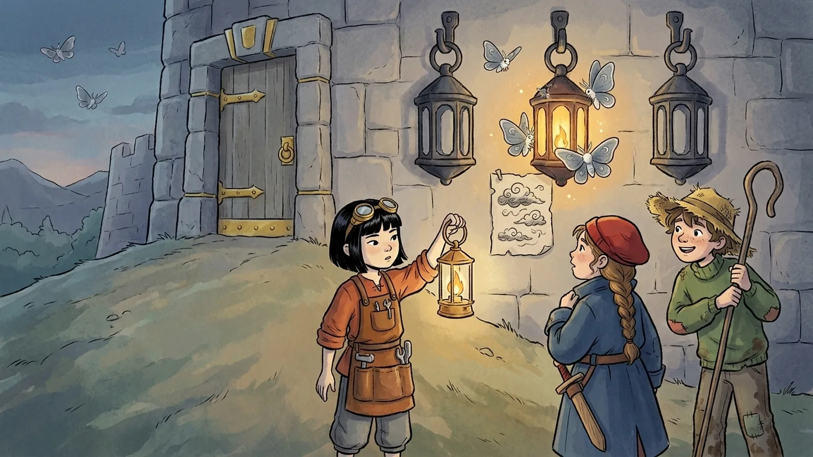A blunt stone tower door with three iron lanterns in a row; moths gather on the middle one