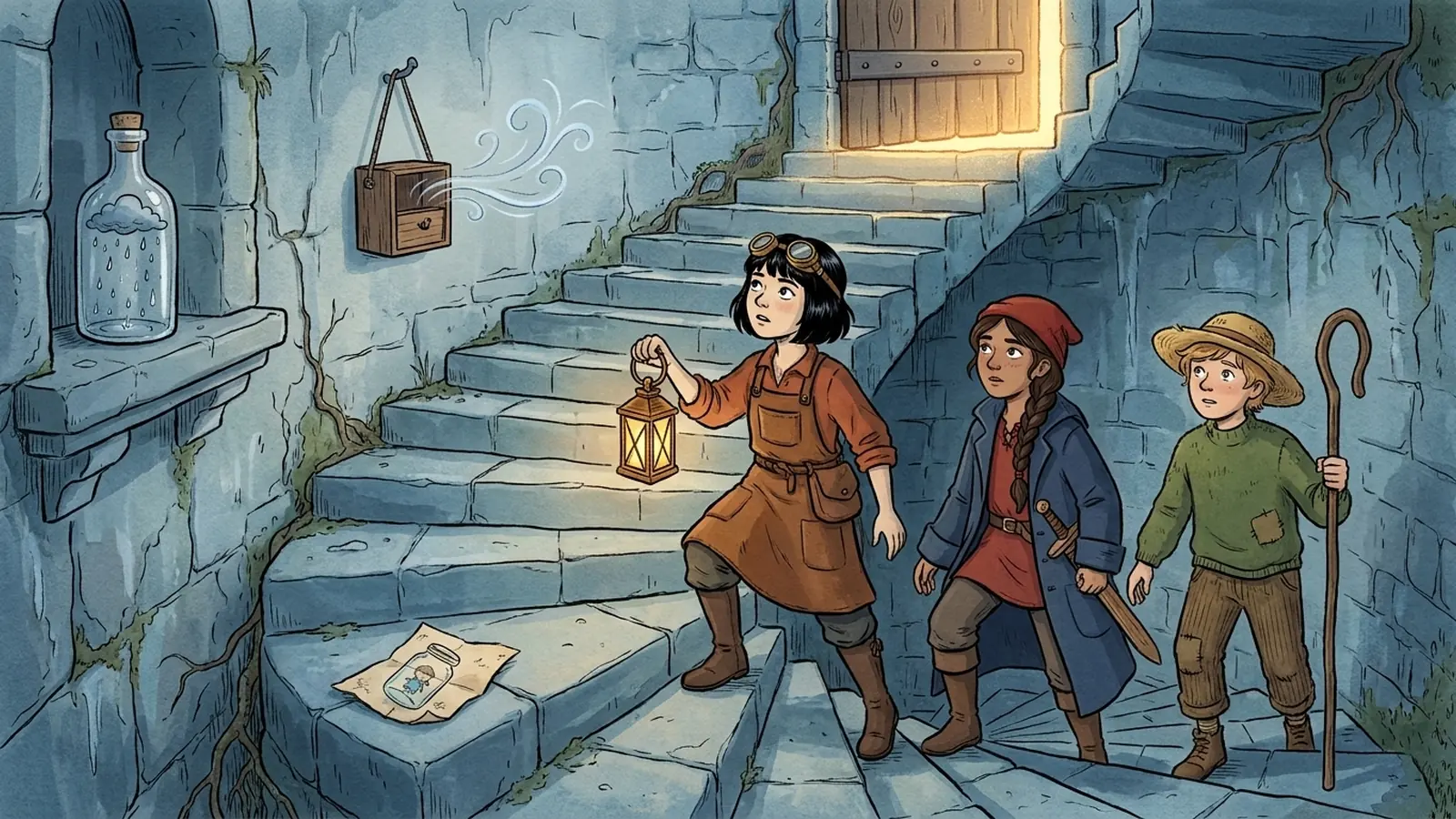 A spiral stair lined with a bottle of falling rain and a humming wind-box, and a child’s note on the step