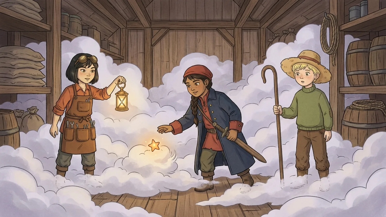 A loft of stored cloud drifting above the floorboards, with a button-sized star caught in the wool