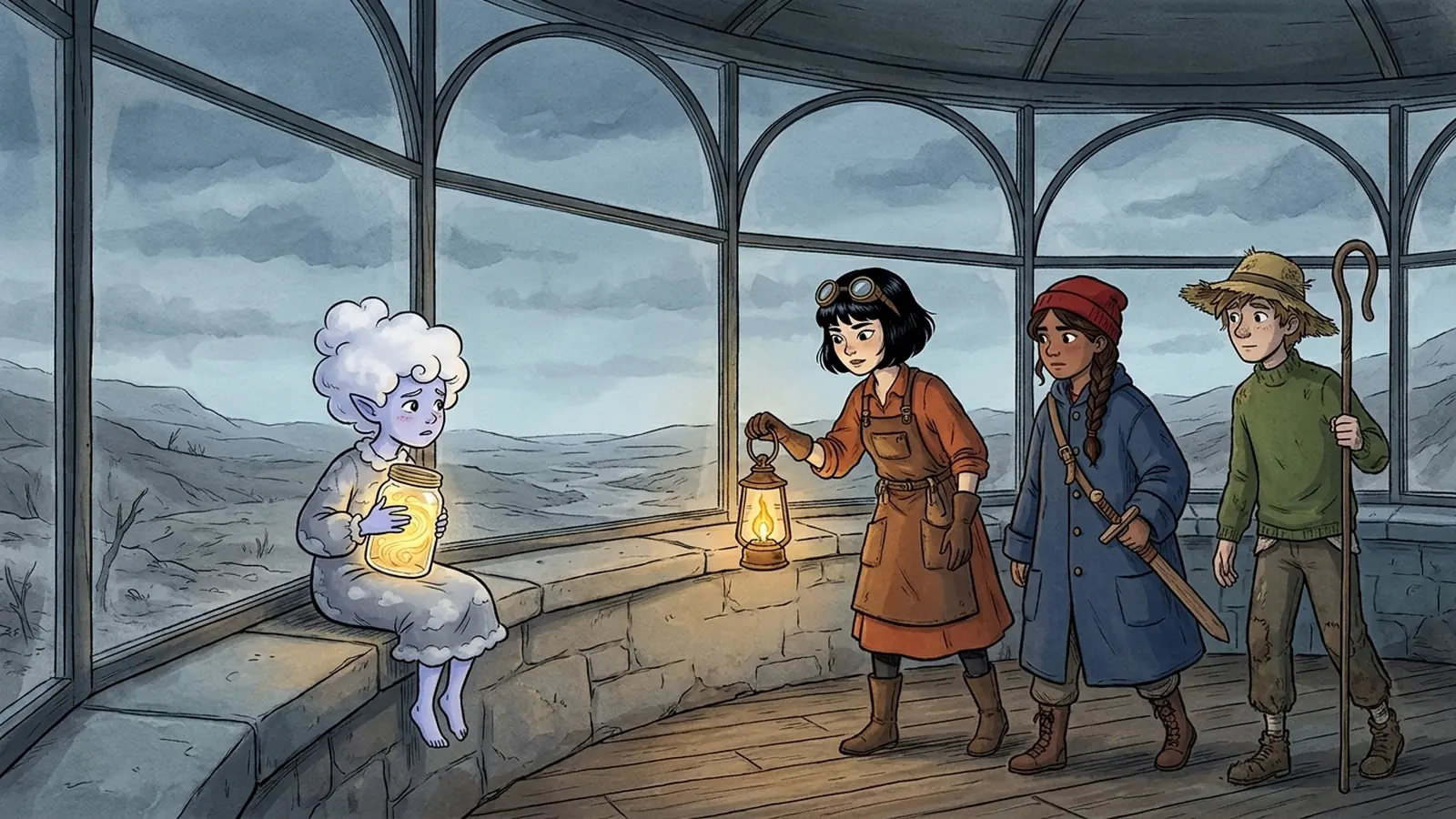 A sky-sprite hugs a glass jar of turning dawn in a tower window above a still-grey vale