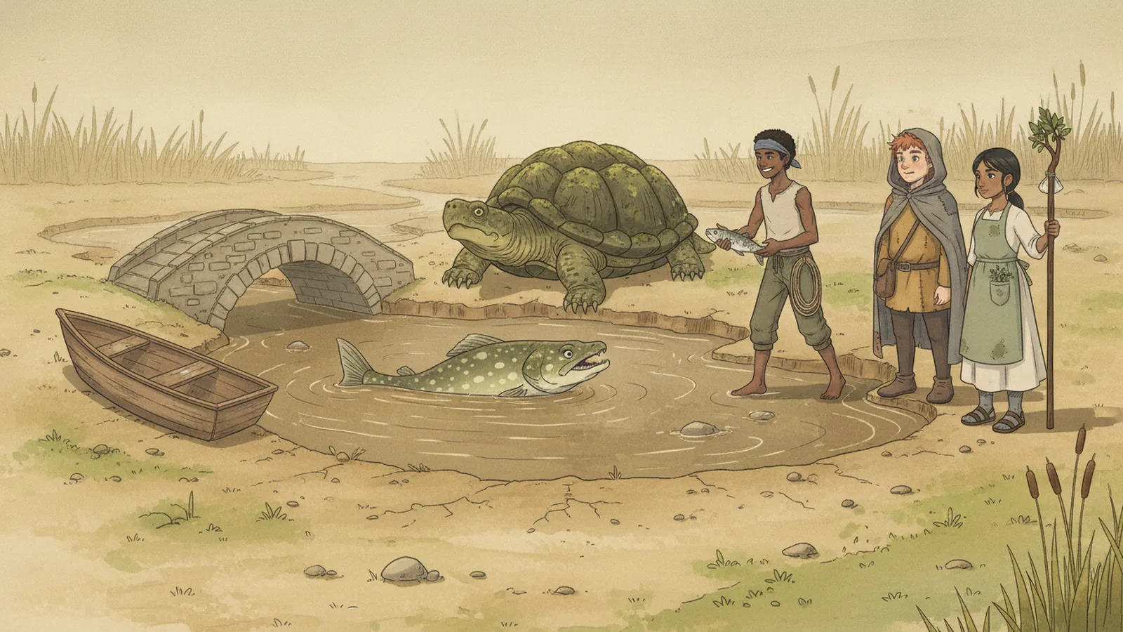 A stone bridge over dry mud, a stranded ferry punt and a snapping turtle beside the last deep pool
