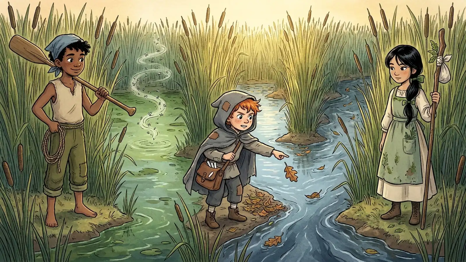 Three channels part through tall marsh reeds, and only the right-hand one is still carrying water away