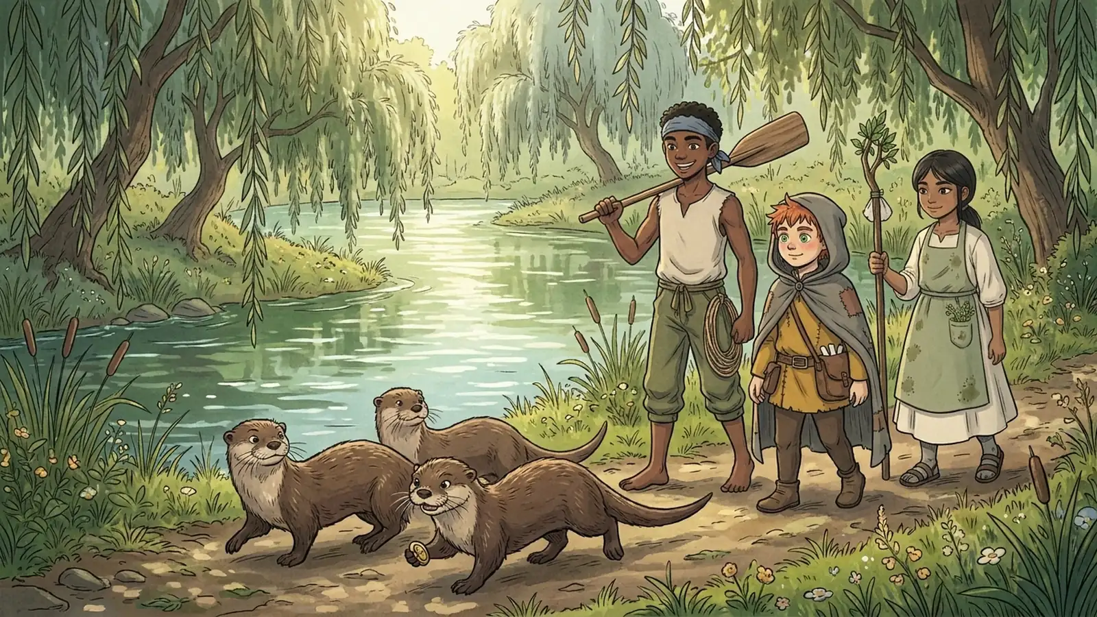 Three otters lead the heroes along the bank to a deep, hidden oxbow pool