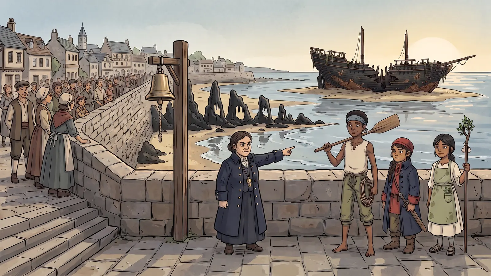Harborton's low-water bell rings over a harbour drained to the sand, with a black wreck standing far out on the bar