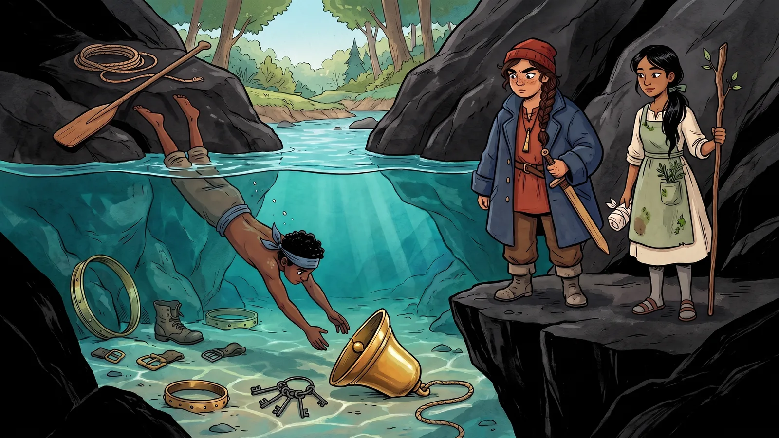 A deep clear pool between black rocks, with a ship's bell and old brass lying on the bottom