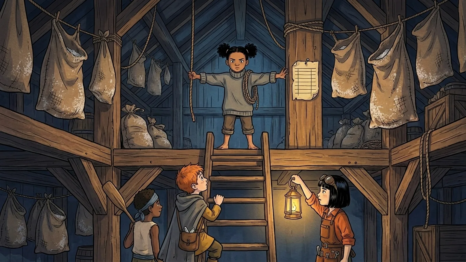 Grain sacks hang drying on lines in a timber net loft while a small rope-runner blocks the ladder head