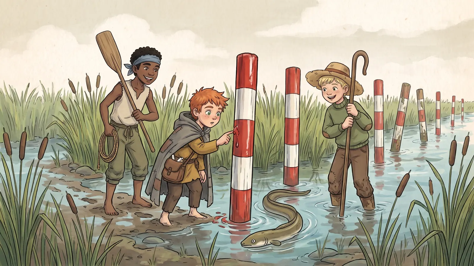 A bright new line of red-and-white painted stakes stands in a reed channel, the nearest post still tacky, small footprints in the mud beside it