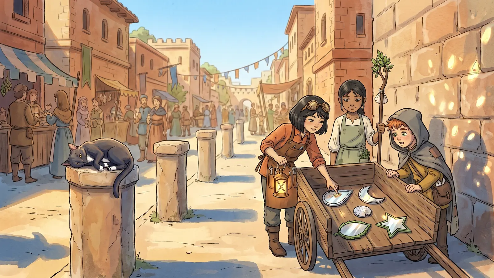 Five empty stone posts stand along a sunlit festival street beside a handcart of unlabelled mirror-plates