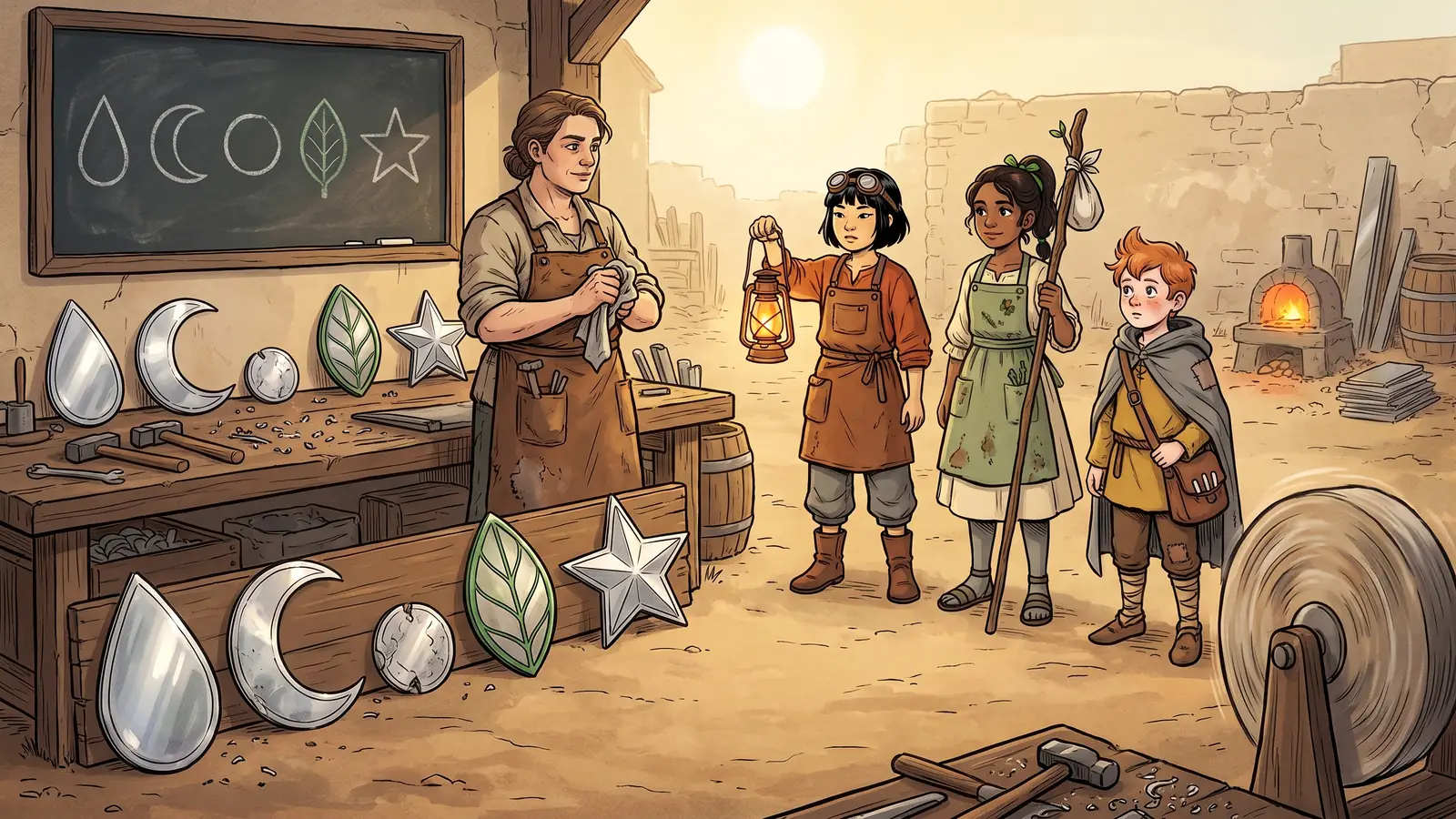A silverer stands in a hot yard of hammering, the five bright plates leaning on her bench under a chalked work slate