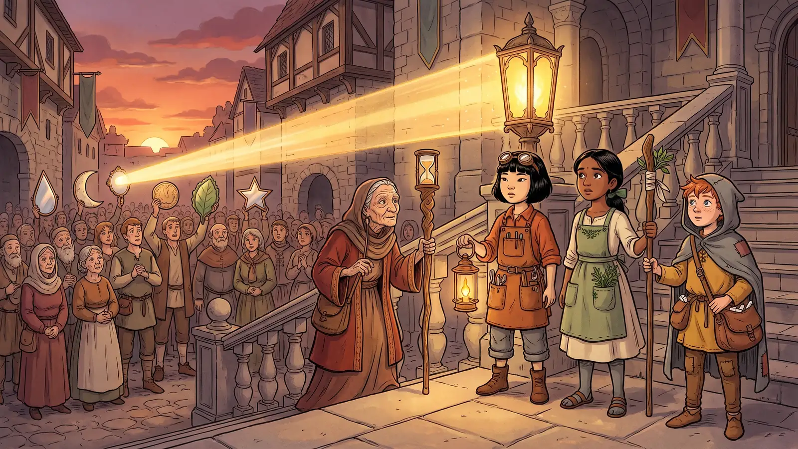 At sunset the last plate throws the light onto a tall lamp while a packed street watches in silence