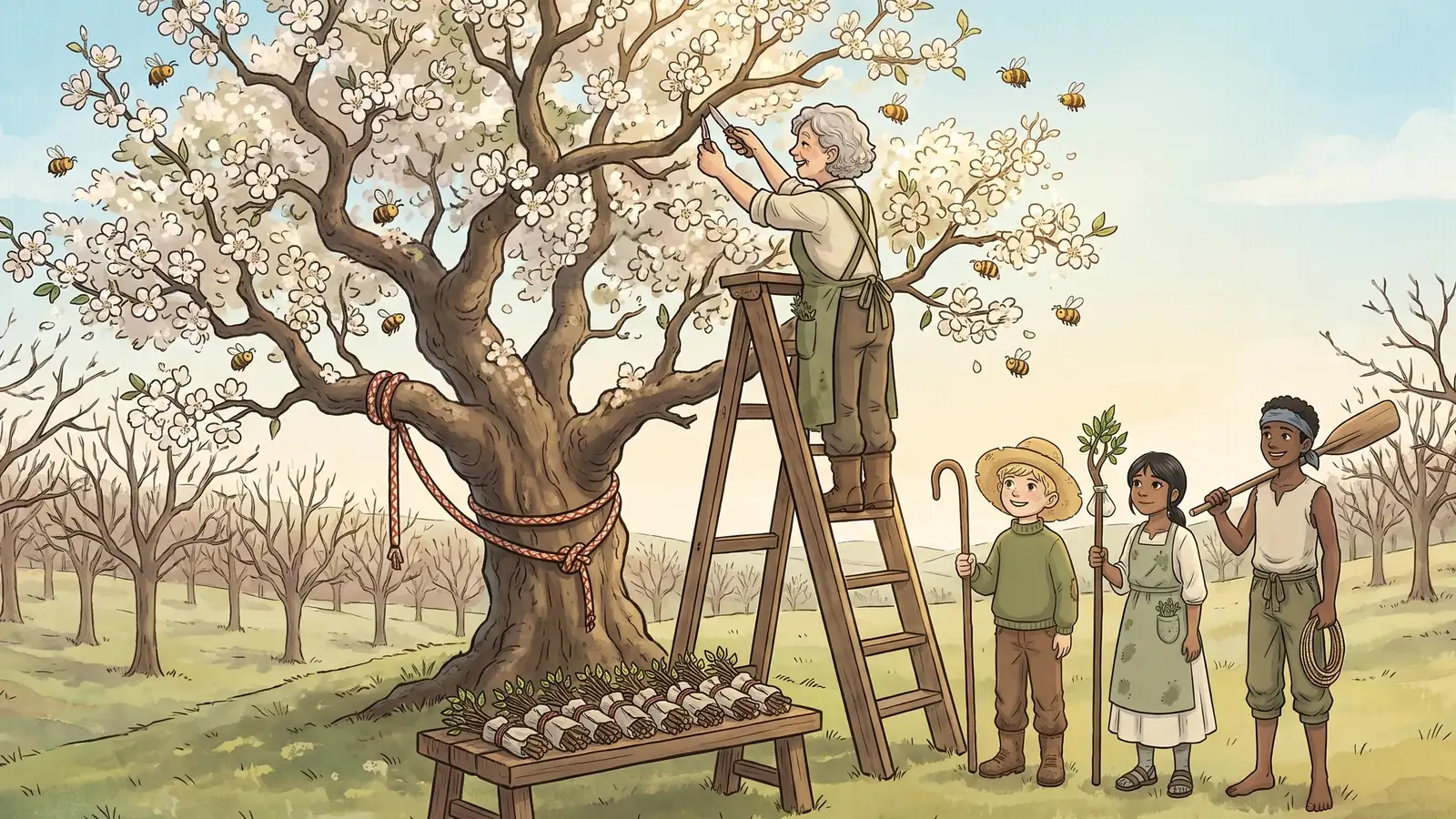 One apple tree in full white blossom among bare picked ones, with a bright cord knotted on its lowest bough and a bench of bound cuttings beneath it