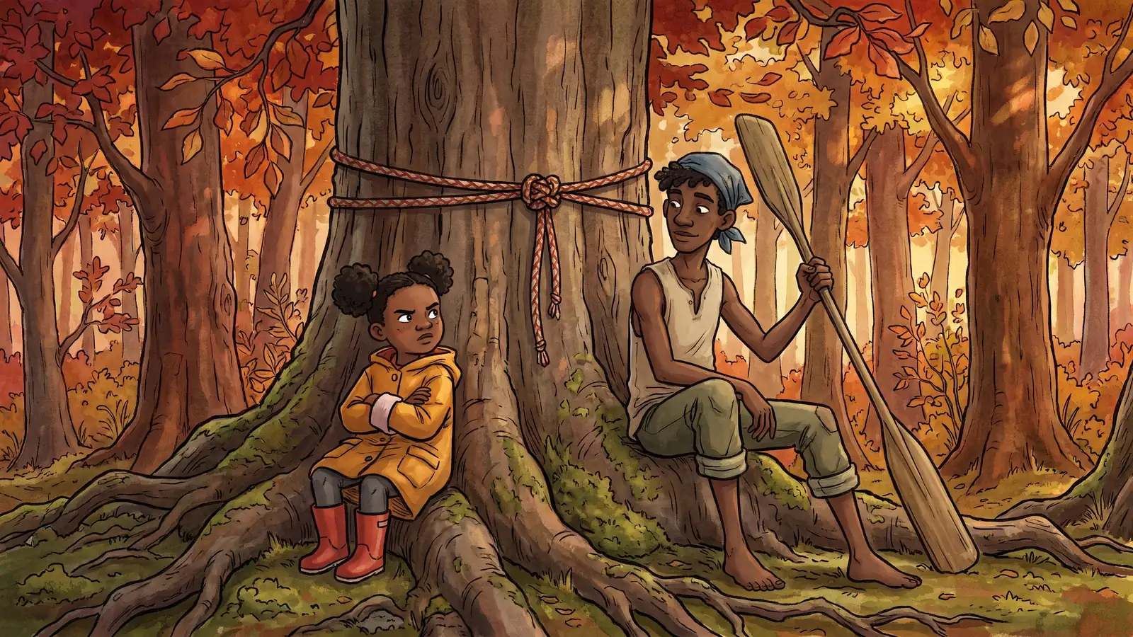 A wood of copper beeches with not one leaf on the ground, a cord tied low on the biggest trunk, and a small girl sitting against the root of it