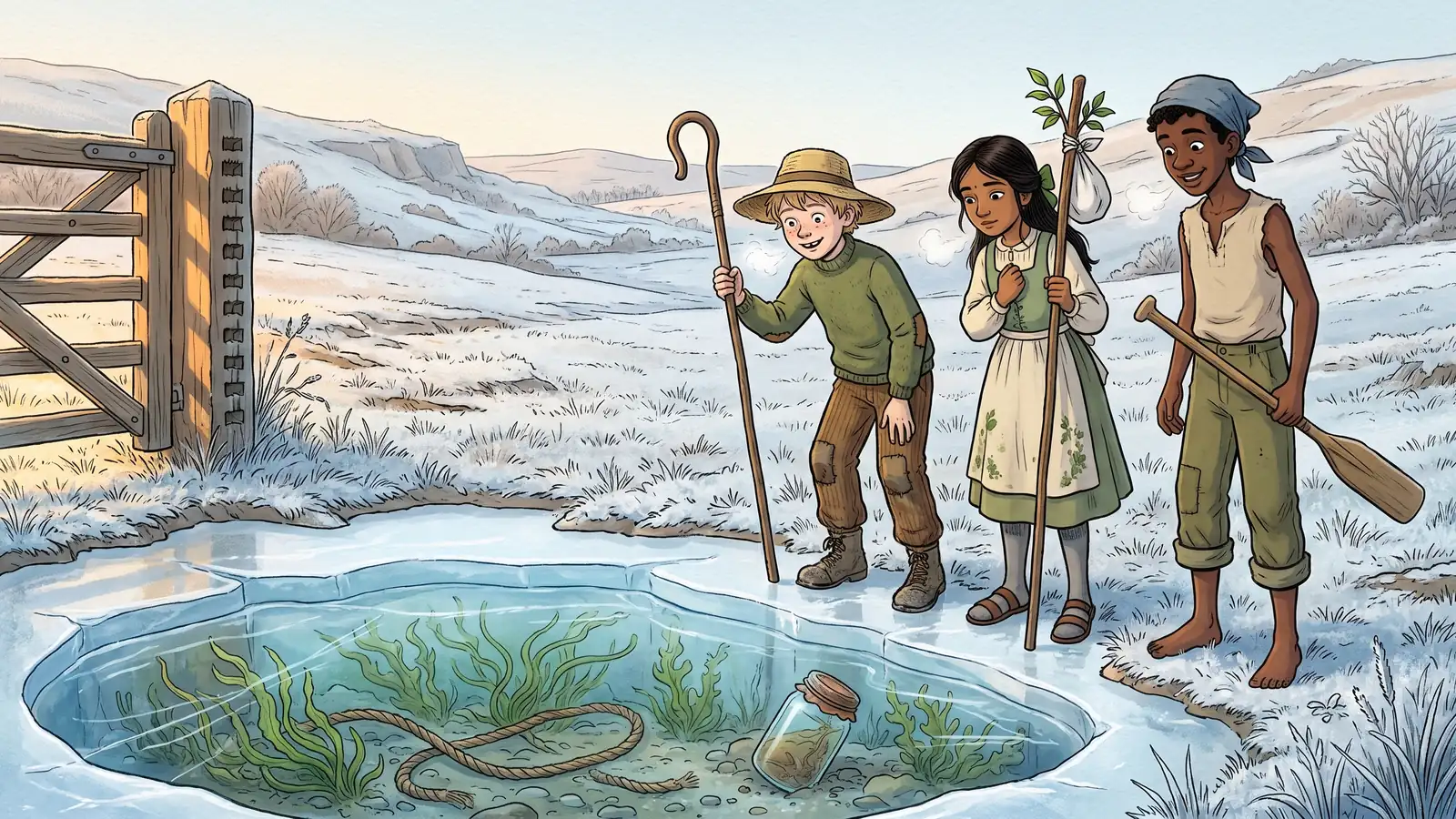 A pond frozen thick with green summer weed and a swimming rope still hanging under the ice, beside a gatepost cut with rows of notches